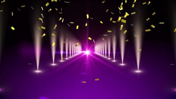 Цифровая Анимация Пешеходной Дорожки Фиолетовыми Огнями Увеличивающимися Время Золотые Конфетти — стоковое видео