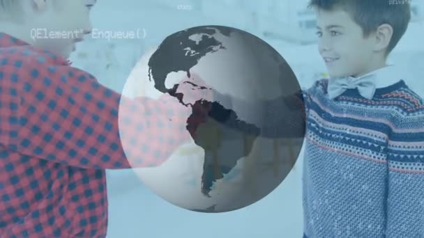 Beyaz Çocuğun Dijital Bileşimi Arka Planda Sıkışırken Bir Dünya Dönüyor — Stok video