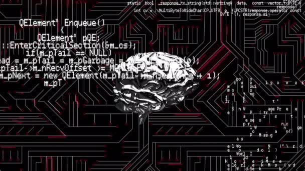 屏幕中间旋转的银色大脑的数字动画 背景显示一个数字电路 程序代码在屏幕上移动 — 图库视频影像