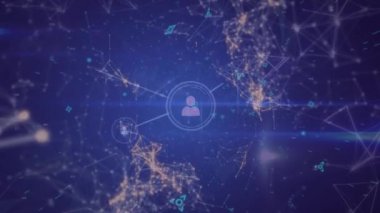 Asimetrik çizgiler ve futuristik semboller ekranda hareket ederken bağlı çevrelerde profil simgeleri dijital animasyon.