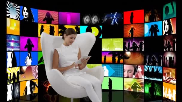 Digital Composite Caucasian Woman Sitting White Chair Using Tablet While — ストック動画