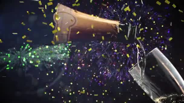 Digital Composite Bottle Champagne Pouring Glass While Fireworks Explode Background — Stock Video