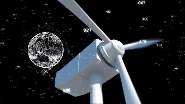 Цифровая Анимация Белой Турбины Движущимися Лопастями Цифровым Глобусом Вращающимся Номерами — стоковое видео