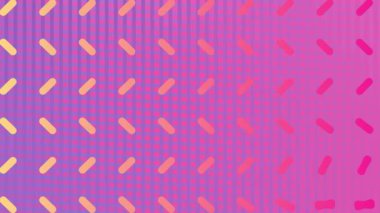 Mor ve pembe degrade arka plana karşı ekranda hareketli renkli hap şekilleri ve çizgi desenleri dijital animasyon
