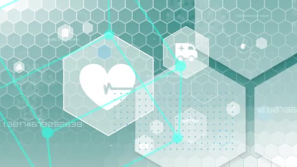 Animation numérique de différentes icônes médicales en forme d'hexagone se déplaçant à l'écran tandis que les nombres zooment 