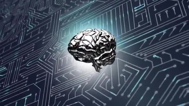 背景がデジタル回路を示しながら回転する銀脳のデジタルアニメーション — ストック動画