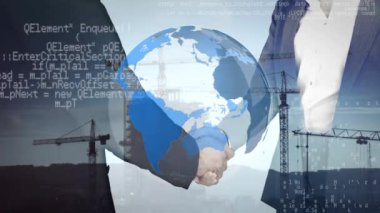 Dijital animasyon bir dünya dönen ve program kodları ekranda hareket ederken iki iş adamı el sallamak ve arka plan gösterileri bir binanın siluet vinç ile inşa ediliyor