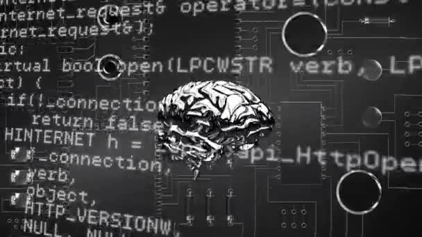 Digitální Animace Stříbrného Mozku Otáčejícího Obrazovce Zatímco Programové Kódy Pohybují — Stock video
