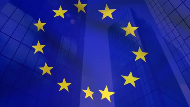 Digital Animation Europeisk Flagga Vifta Skärmen Med Byggnader Bakgrunden — Stockvideo