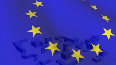 Arka planda dönen sanal binalarla ekranda sallanan Bir Avrupa bayrağının dijital animasyonu