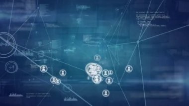 Asimetrik çizgiler ve program kodları arka planda hareket bağlı çevrelerde profil simgeleri dijital animasyon