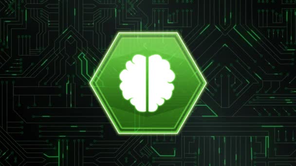 Digitální Animace Ikony Mozku Zeleném Tvaru Šestiúhelníku Digitálního Obvodu Pozadí — Stock video
