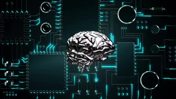 画面で回転する銀脳のデジタルアニメーションと背景のデジタル回路 — ストック動画