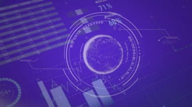 Dijital arayüz arka planda farklı grafikler gösterirken, ekrandaki daireler ve profil simgeleriyle çevrili bir kürenin dijital animasyonu