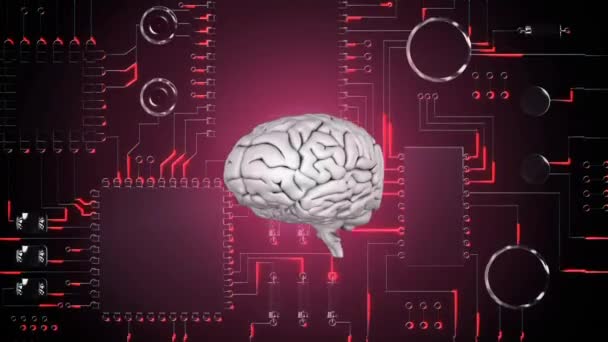 デジタル回路を背景に画面を回転する白脳のデジタルアニメーション — ストック動画