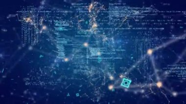 Fütüristik sembollere sahip asimetrik çizgiler yakınlaştırırken ve uzaklaştırırken program kodlarının dijital animasyonu ekranda hareket ederken.