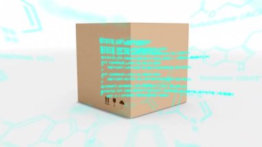 Kimyasal yapılar ve program kodları ekranda hareket ederken kahverengi bir kutunun dijital animasyonu ve ekranın ortasında açılması.