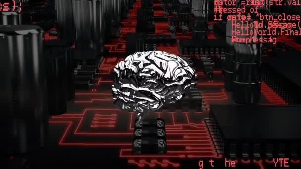 屏幕中间旋转的银色大脑的数字动画 而程序代码在屏幕中移动 在后台移动数字电路 — 图库视频影像