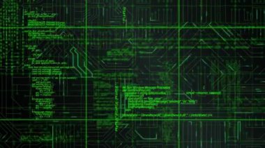 Kare desenler iveli ekranda hareket eden yeşil program kodlarının dijital animasyonu ve dijital devrenin arka planı