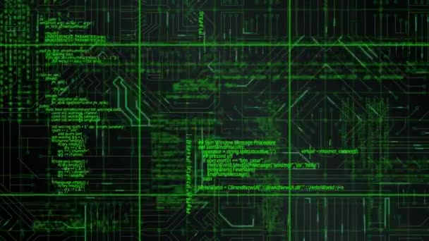 Animation numérique de codes de programme vert se déplaçant dans l'écran avec des motifs carrés et un fond d'un circuit numérique 