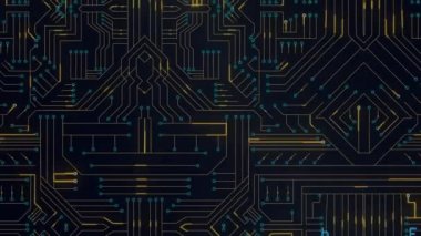 Arka plan dijital bir devre gösterirken mavi program kodları ekranda hareket dijital animasyon