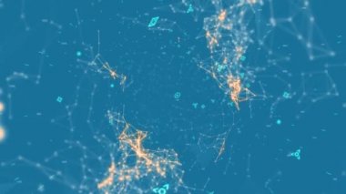 Arka plan maviden siyaha geçerken ekranda hareket eden asimetrik çizgilerin ve fütüristik sembollerin dijital animasyonu