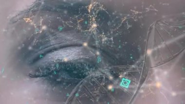 Ekranda hareket eden fütüristik sembollere sahip asimetrik çizgiler iken bir Dna çift sarkaç dönen dijital animasyon. Arka plan kahverengi göz kırpma gösterir.