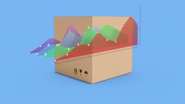 青い背景に表示される線グラフのデジタル アニメーション その後ろには 小さな花火で前方にスライドし 開口部のボックスがあります — ストック動画