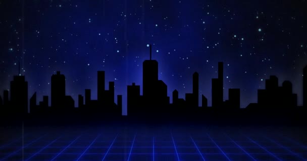 青い宇宙の背景4Kに対して暗い都市の上を移動する青い正方形の床のアニメーション — ストック動画