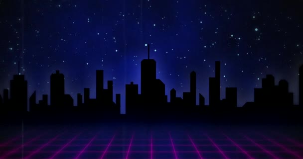 Animation Pink Squared Floor Moving Dark City Blue Universe Background — Stock Video