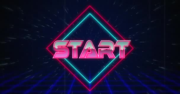 Animation Retro Start Text Glitching Blue Red Squares Black Background — Stock Video