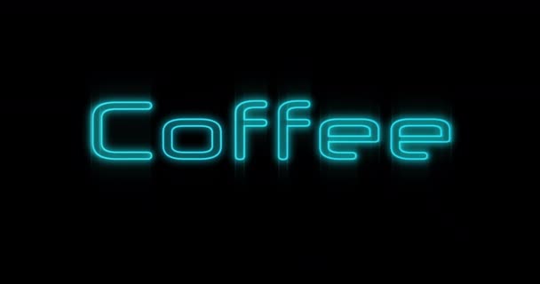 Animatie Van Opkomende Blauwe Koffie Neon Billboard Tegen Zwarte Achtergrond — Stockvideo