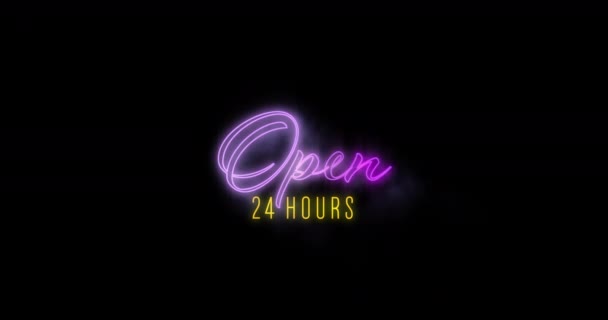 Animatie Van Opkomende Paarse Open Uur Neon Billboard Tegen Zwarte — Stockvideo
