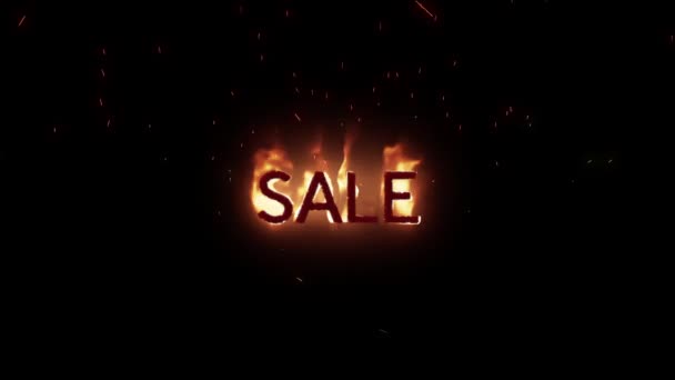 Animation Sale Text Appearing Fire Black Background — Stock Video