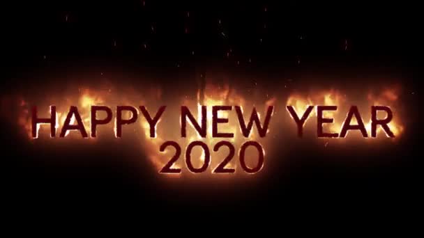 动画新年快乐2020文本出现在黑色背景火 — 图库视频影像