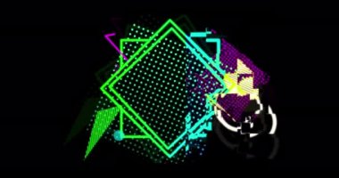 Neon geometrik, siyah arka plan 4k karşı şekiller ile Retro Seksenler tarzıNda Büyük Satış reklam Animasyonu