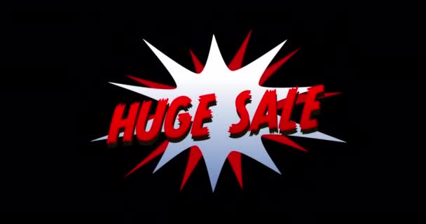 Animation Huge Sale Text Cartoon Style Explosion Black Background — Stock Video