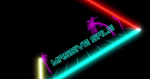 Animace Masivního Prodeje Reklama Retro Osmnáctkách Neonovými Písmeny Palmami Proti — Stock video