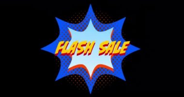 Siyah ekran 4k karşı patlama mavi etkisi önünde görünen sarı kelimelerin Flash Sale Animasyon