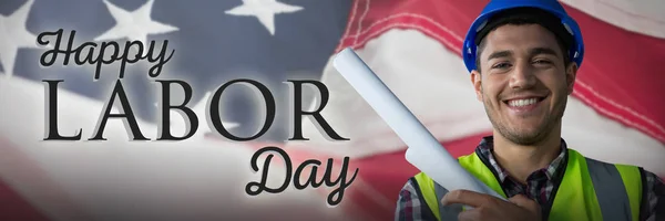 Счастливый Строитель Против Полного Каркаса Американского Флага Реклама Честь Дня — стоковое фото