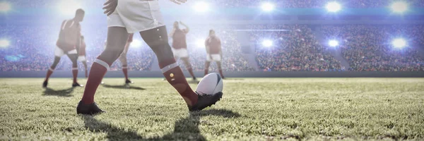 Diversos Jogadores Rugby Campo Contra Imagem Digital Estádio Futebol Lotado — Fotografia de Stock