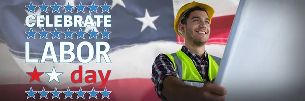 Construction Worker Looking Plans Full Frame American Flag Usa Labor — Stock Photo, Image