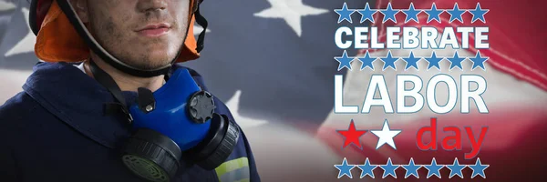 Serio Pompiere Contro Bandiera Americana Usa Labor Day Concept Pubblicità — Foto Stock
