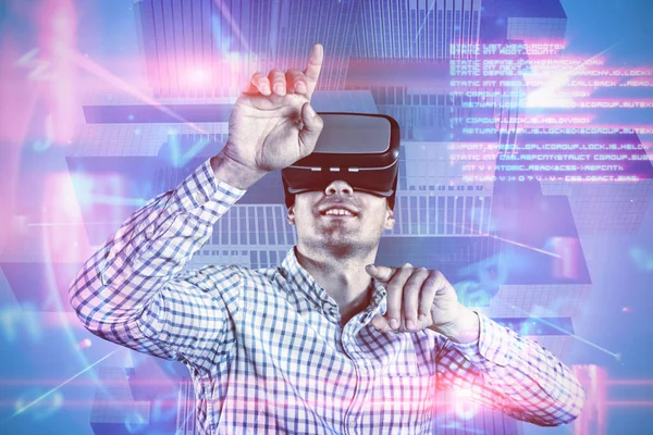 Männer Nutzen Virtual Reality Headset Gegen Blaue Und Rote Technologie — Stockfoto