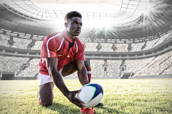 Joueur Afro Américain Rugby Sur Terrain Contre Stade Football — Photo