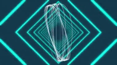 Merkezinde beyaz halkalar dönen koyu mavi arka plan üzerinde hareketli bir tünel oluşturan mavi parlayan anahat elmas şekiller genişletilmesi Animasyon