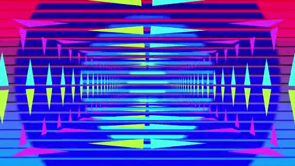 水平線から形成されたカラフルな同心円が前景に現れる間 ネオン点灯した長方形のトンネルを地平線上の黒い消失点に向かって移動するアニメーション — ストック動画