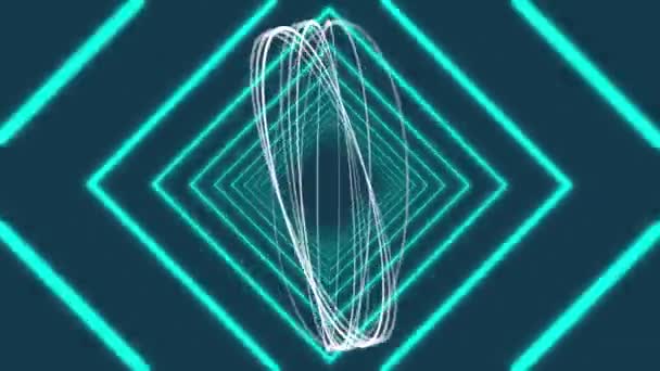 中央に白いリングを回転させる濃い青色の背景に移動トンネルを形成する青い輝く輪郭のダイヤモンド形状を拡大するアニメーション — ストック動画