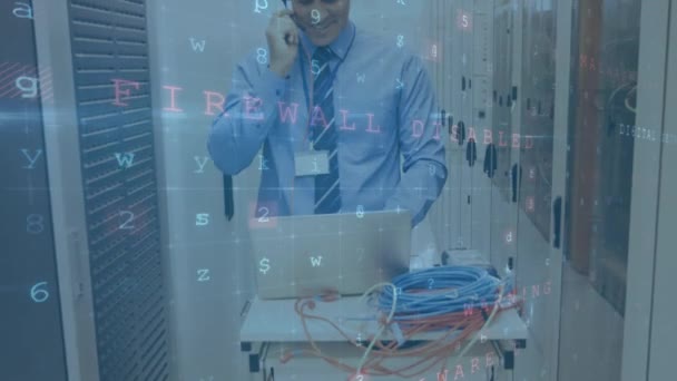 Animation Tilt Shot Caucasian Man Wearing Headset Standing Talking Corridor — Stock Video