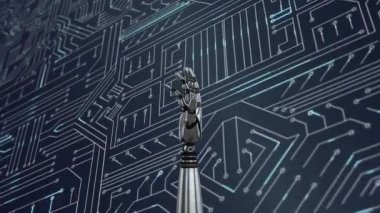 Parlayan beyaz ışık izleri ile hareketli bilgisayar devre kartı üzerinde robot el tornalama ve sıkma yumruk animasyonu